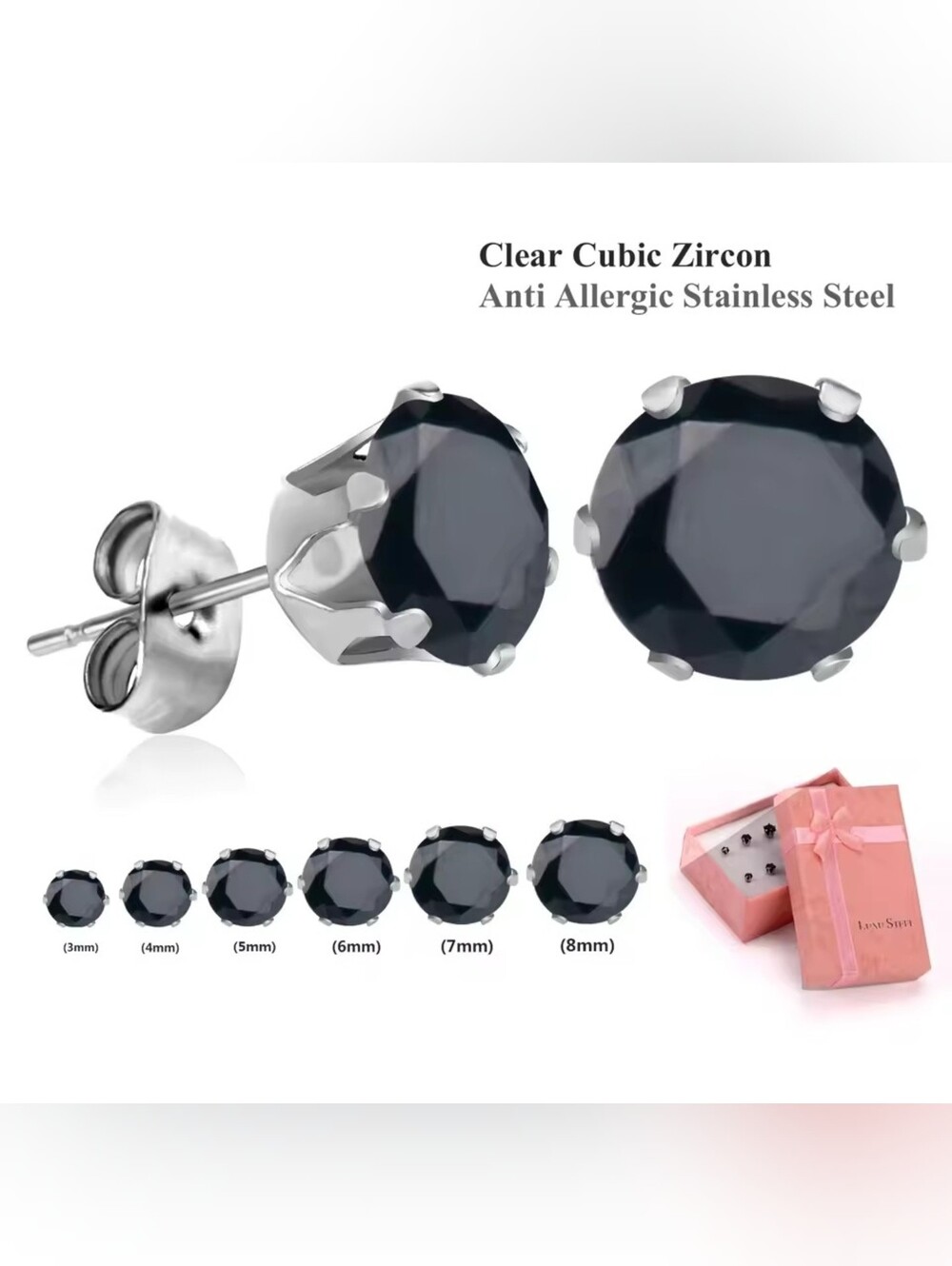 Stainless Steel Anti-Allergy Earrings, Cubic Zirconia Black N Silver, 6-pair box